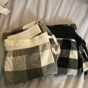 Flannel sweatpants. White and grey- old navy medium; black and white- aero large